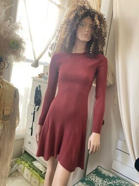 Ribbed Long-Sleeve Fit & Flare Dress - Red